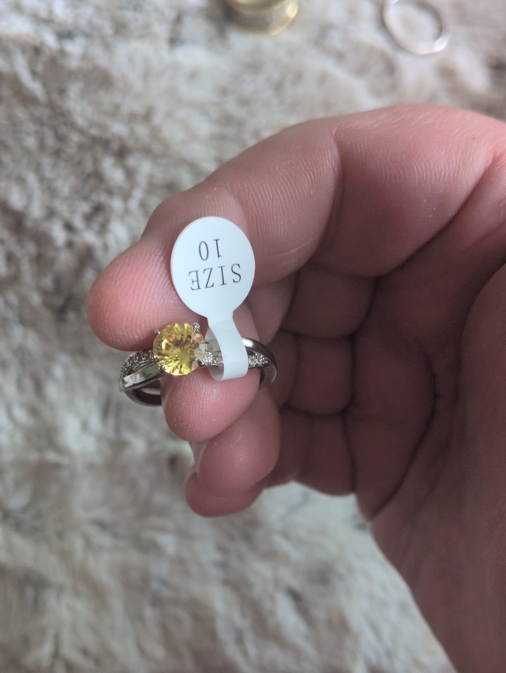 Yellow Stone Silver-Tone Ring with Pavé Accents - Size 10